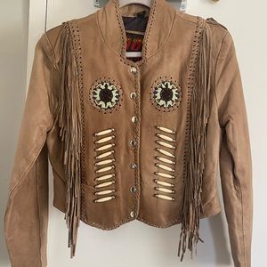 Vintage Brown Leather Jacket with Tassel and Bead Embellishment